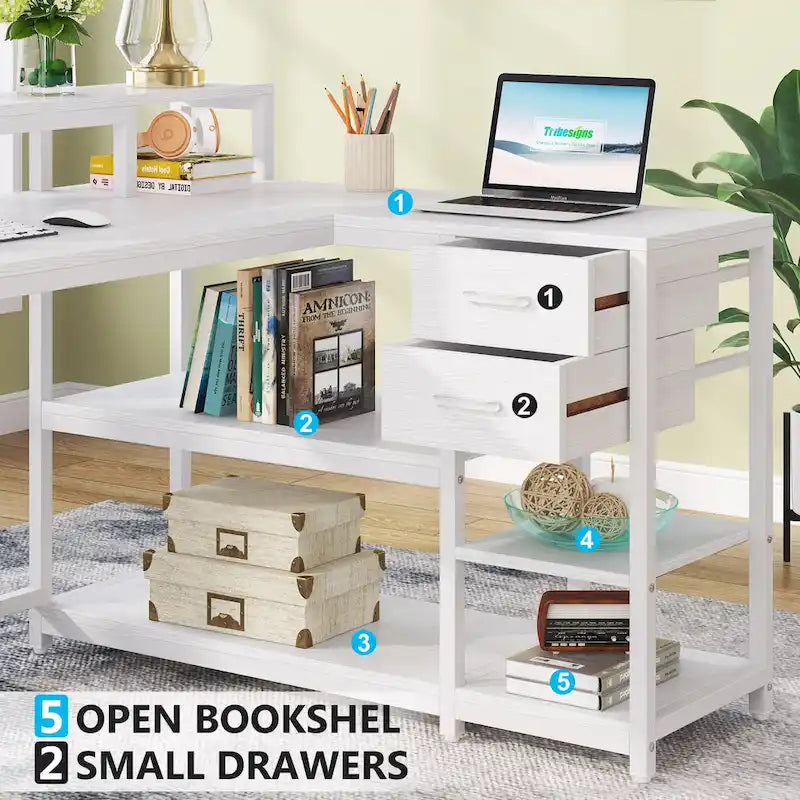 Bureau d'ordinateur moderne en L avec tiroir et étagère de rangement