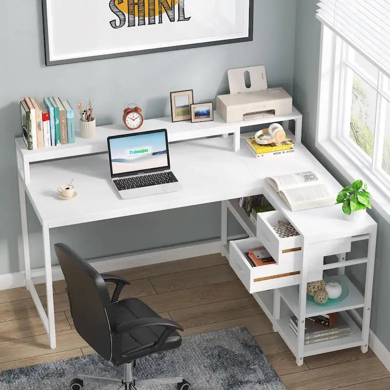 Bureau d'ordinateur moderne en L avec tiroir et étagère de rangement