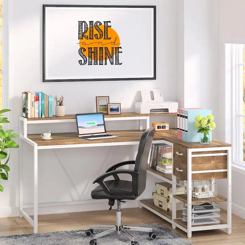 Bureau d'ordinateur moderne en L avec tiroir et étagère de rangement