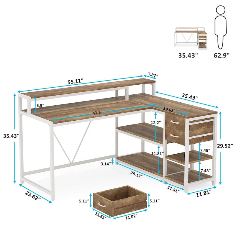 Bureau d'ordinateur moderne en L avec tiroir et étagère de rangement