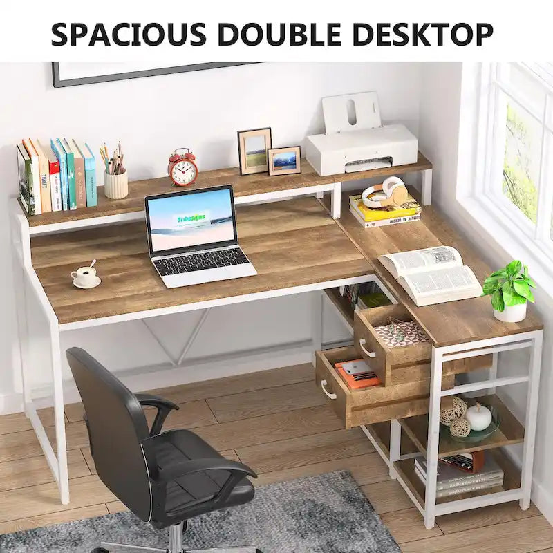Bureau d'ordinateur moderne en L avec tiroir et étagère de rangement