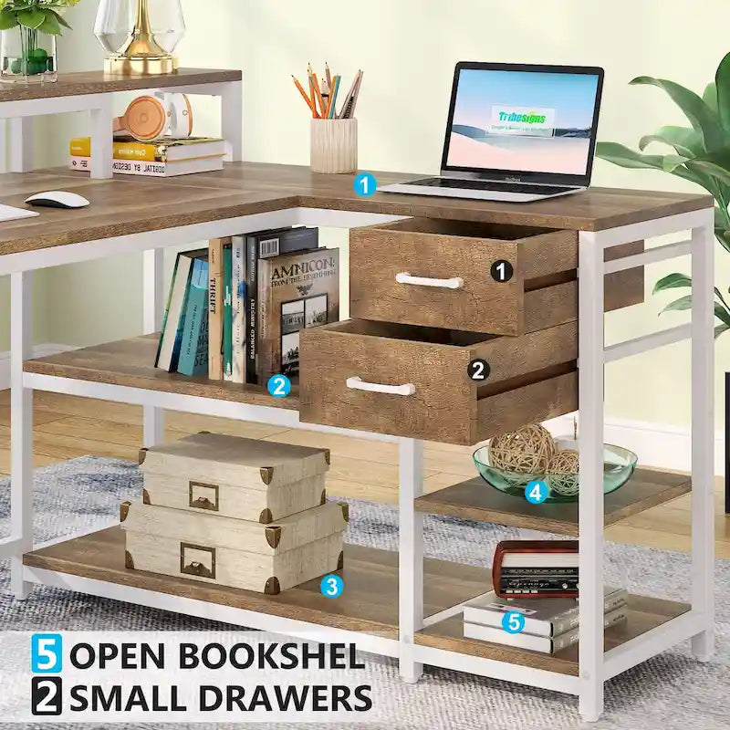 Bureau d'ordinateur moderne en L avec tiroir et étagère de rangement