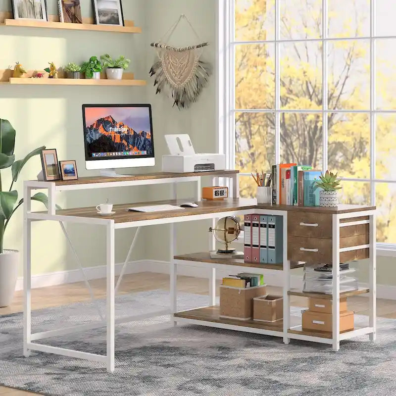 Bureau d'ordinateur moderne en L avec tiroir et étagère de rangement