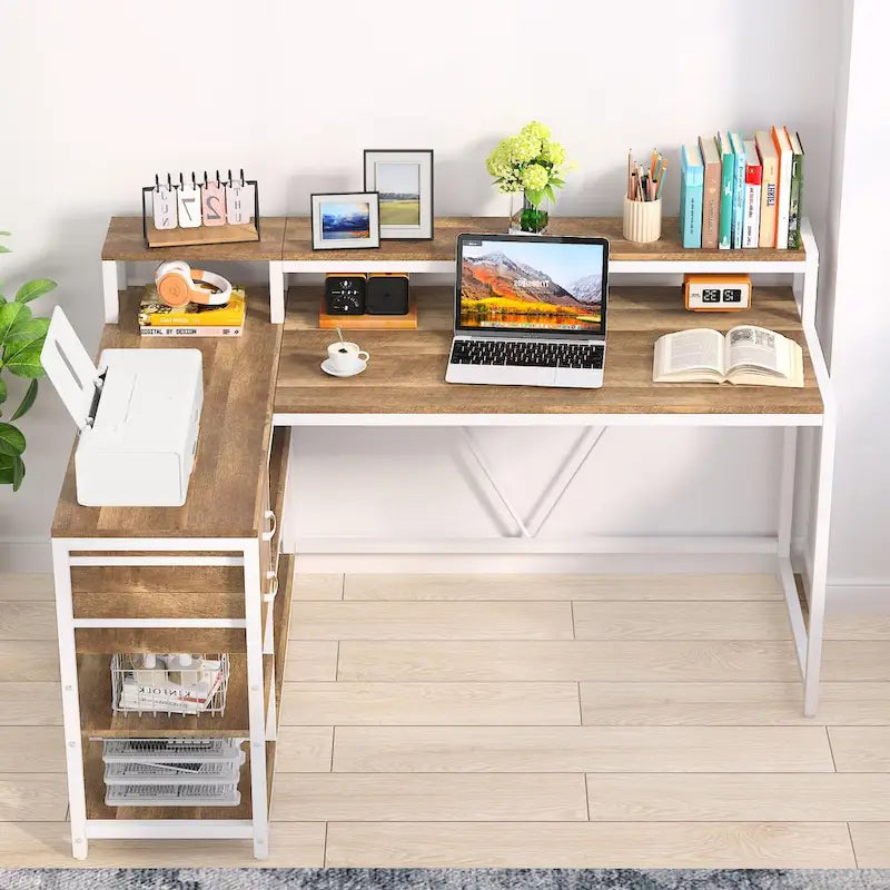 Bureau d'ordinateur moderne en L avec tiroir et étagère de rangement