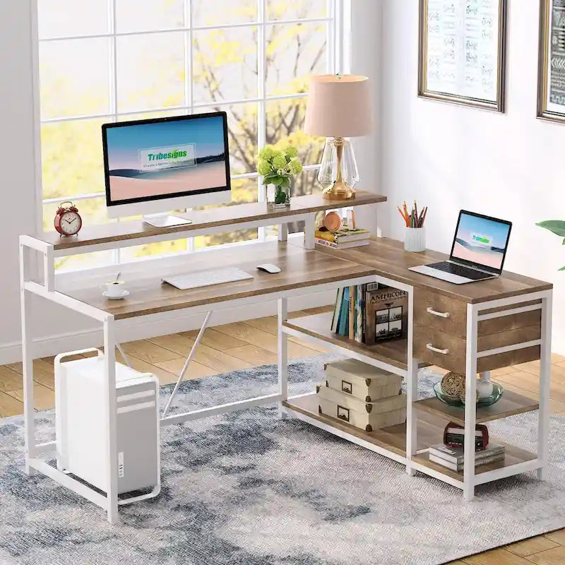 Bureau d'ordinateur moderne en L avec tiroir et étagère de rangement