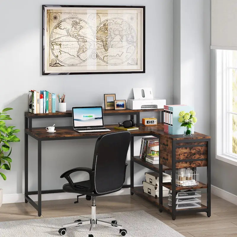 Bureau d'ordinateur moderne en L avec tiroir et étagère de rangement