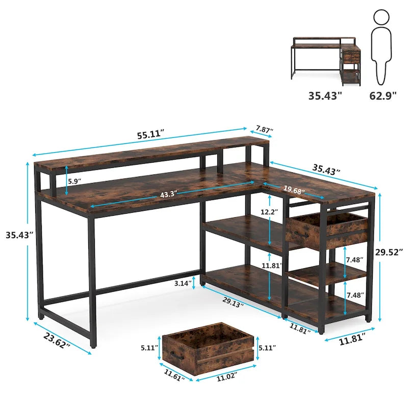 Bureau d'ordinateur moderne en L avec tiroir et étagère de rangement