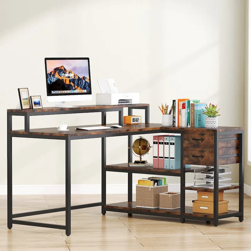 Bureau d'ordinateur moderne en L avec tiroir et étagère de rangement