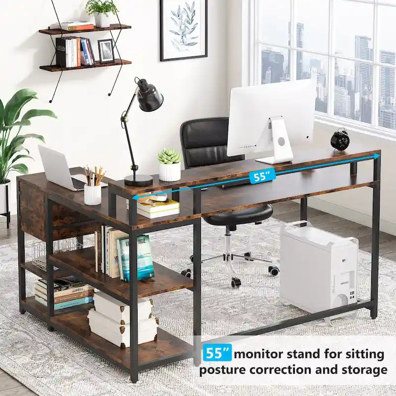Bureau d'ordinateur moderne en L avec tiroir et étagère de rangement