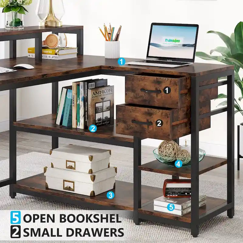 Bureau d'ordinateur moderne en L avec tiroir et étagère de rangement