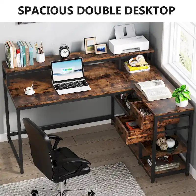 Bureau d'ordinateur moderne en L avec tiroir et étagère de rangement