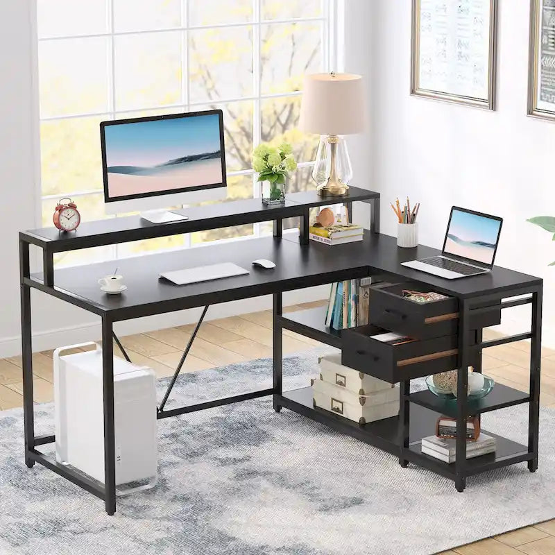 Bureau d'ordinateur moderne en L avec tiroir et étagère de rangement
