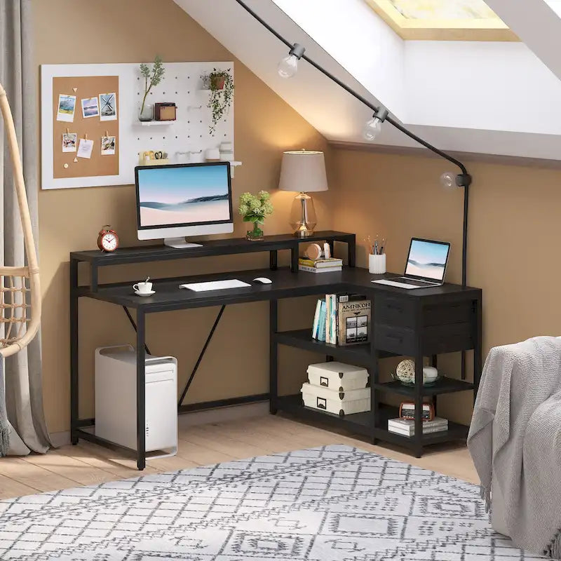 Bureau d'ordinateur moderne en L avec tiroir et étagère de rangement