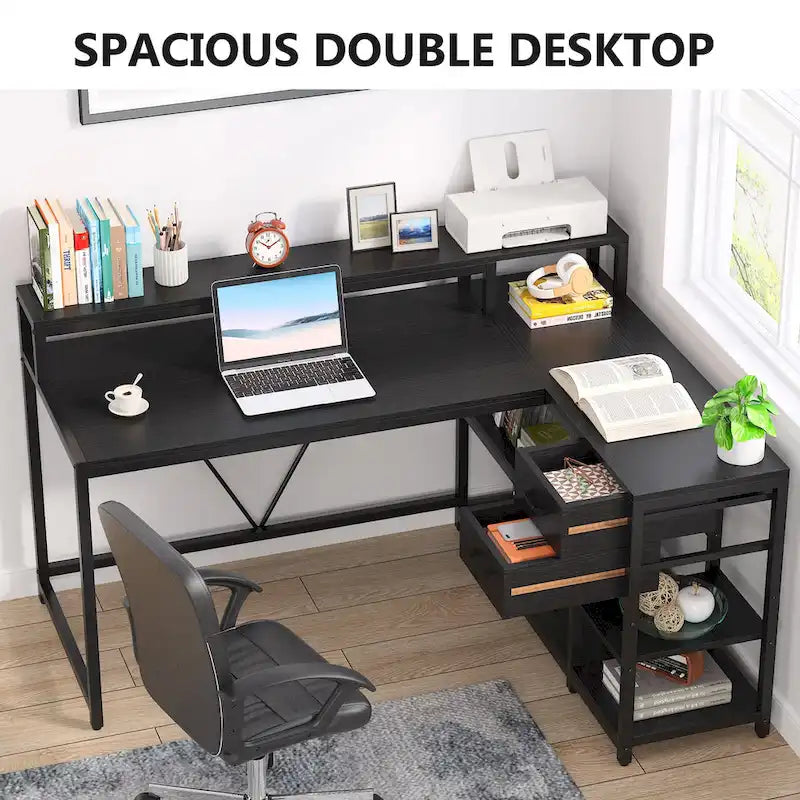 Bureau d'ordinateur moderne en L avec tiroir et étagère de rangement