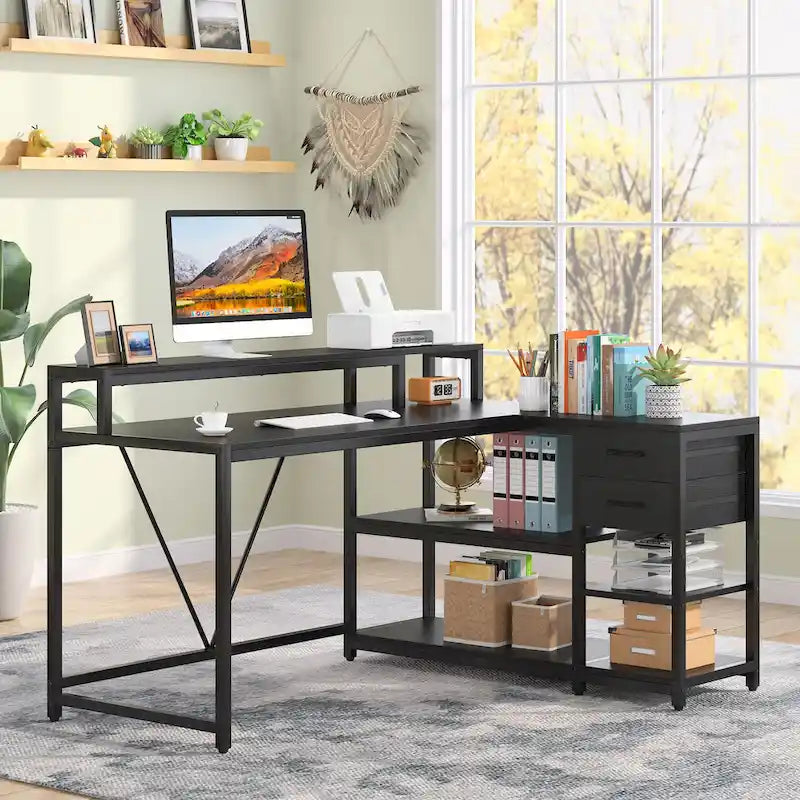 Bureau d'ordinateur moderne en L avec tiroir et étagère de rangement