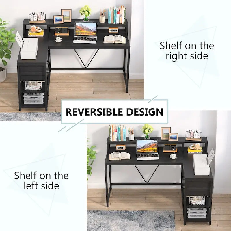 Bureau d'ordinateur moderne en L avec tiroir et étagère de rangement