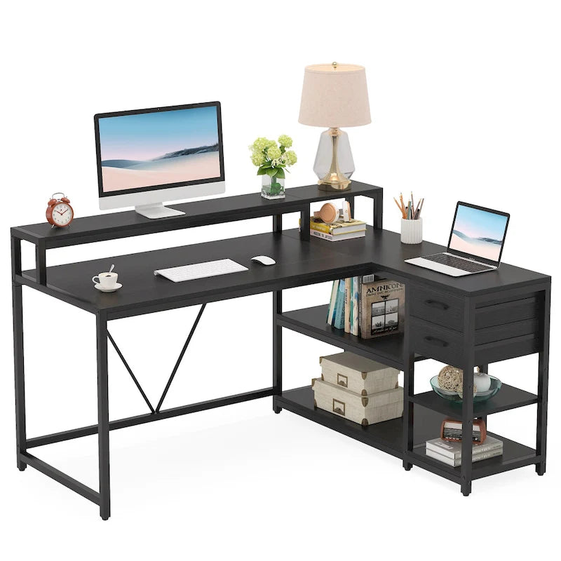 Bureau d'ordinateur moderne en L avec tiroir et étagère de rangement