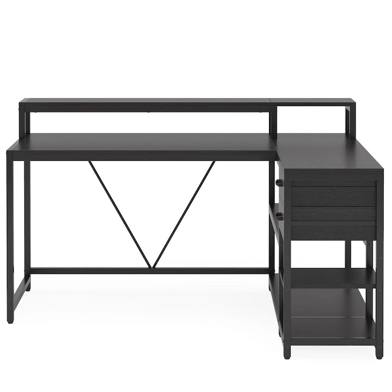 Bureau d'ordinateur moderne en L avec tiroir et étagère de rangement