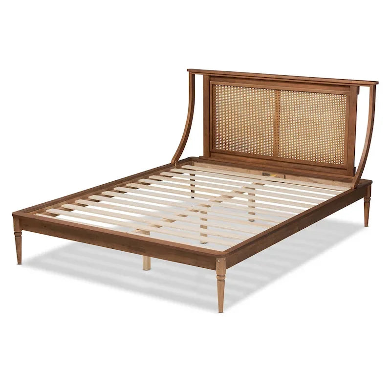 Lit plateforme en rotin synthétique, style transitionnel moderne – Brun noyer