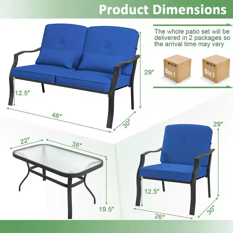 Costway 2 PCS Patio Furniture Set Outdoor Loveseat Chair Coffee Table Cushioned Seat Navy/Grey