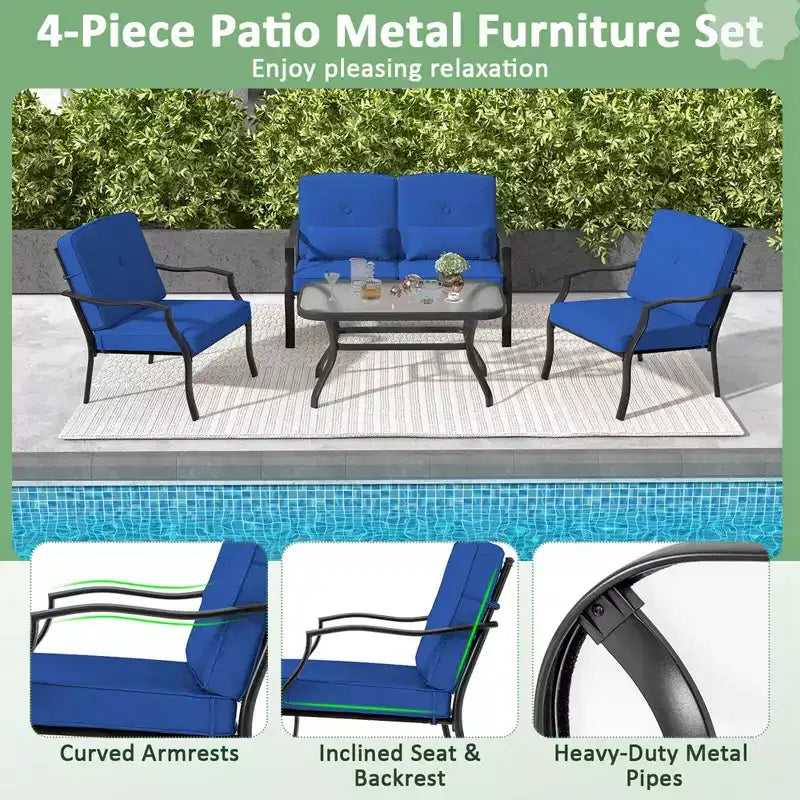 Costway 2 PCS Patio Furniture Set Outdoor Loveseat Chair Coffee Table Cushioned Seat Navy/Grey