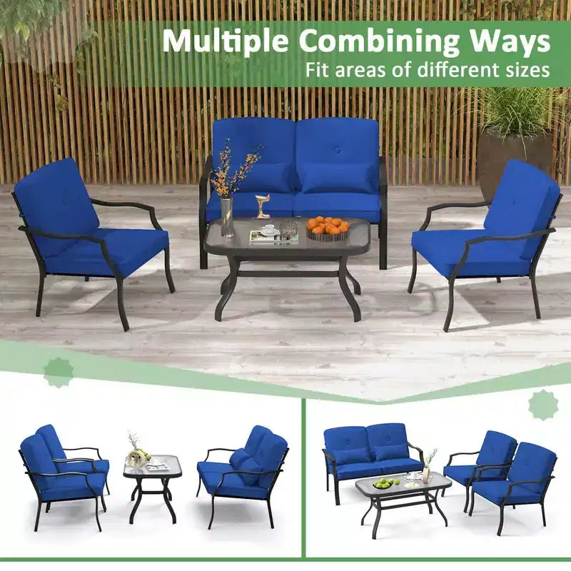 Costway 2 PCS Patio Furniture Set Outdoor Loveseat Chair Coffee Table Cushioned Seat Navy/Grey