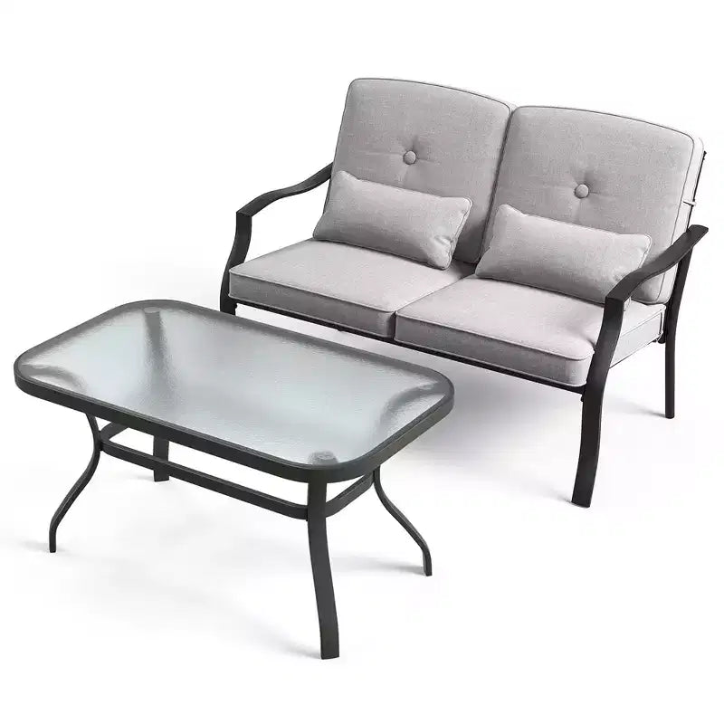 Costway 2 PCS Patio Furniture Set Outdoor Loveseat Chair Coffee Table Cushioned Seat Navy/Grey