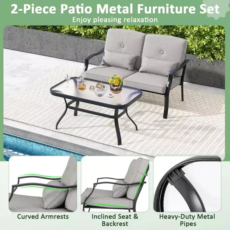 Costway 2 PCS Patio Furniture Set Outdoor Loveseat Chair Coffee Table Cushioned Seat Navy/Grey