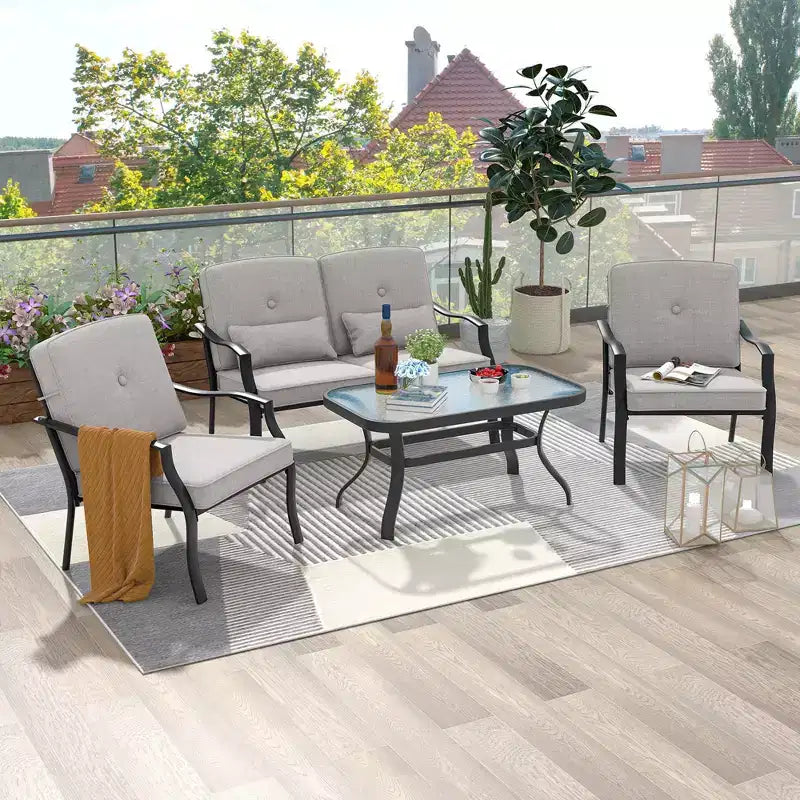 Costway 2 PCS Patio Furniture Set Outdoor Loveseat Chair Coffee Table Cushioned Seat Navy/Grey