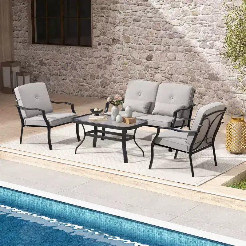Costway 2 PCS Patio Furniture Set Outdoor Loveseat Chair Coffee Table Cushioned Seat Navy/Grey