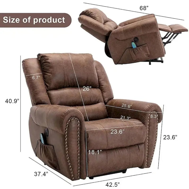Fauteuil inclinable relaxant et respirant avec rivets apparents, fonction massage et chauffage, et port USB