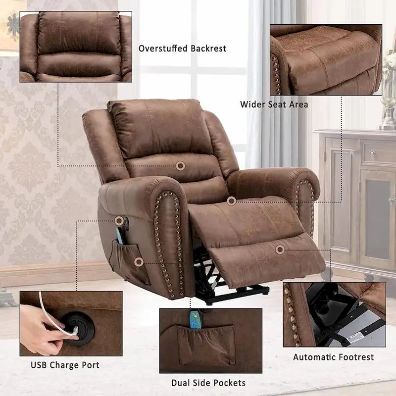 Fauteuil inclinable relaxant et respirant avec rivets apparents, fonction massage et chauffage, et port USB