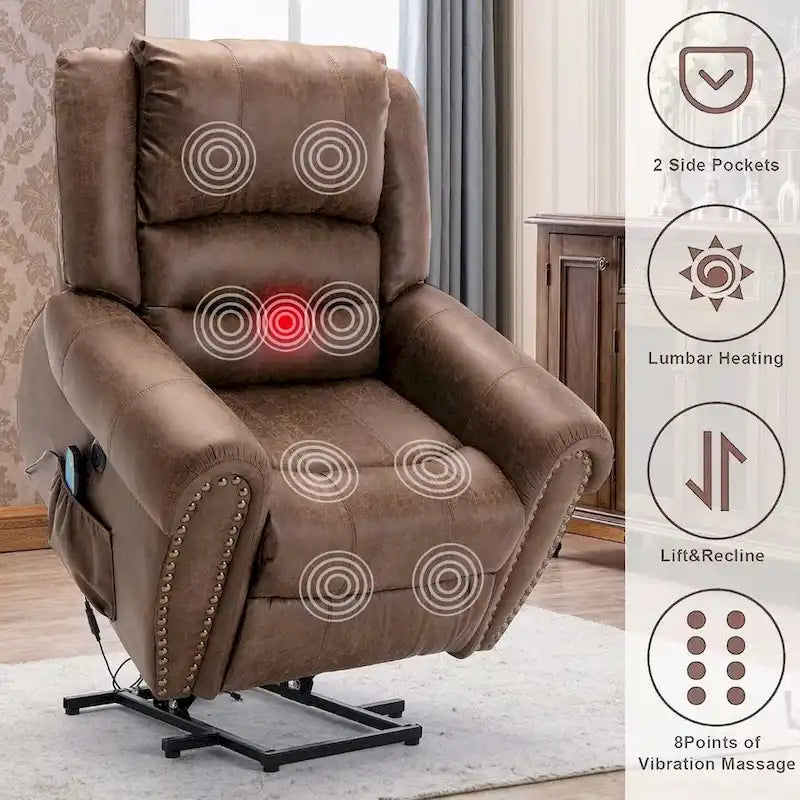 Fauteuil inclinable relaxant et respirant avec rivets apparents, fonction massage et chauffage, et port USB