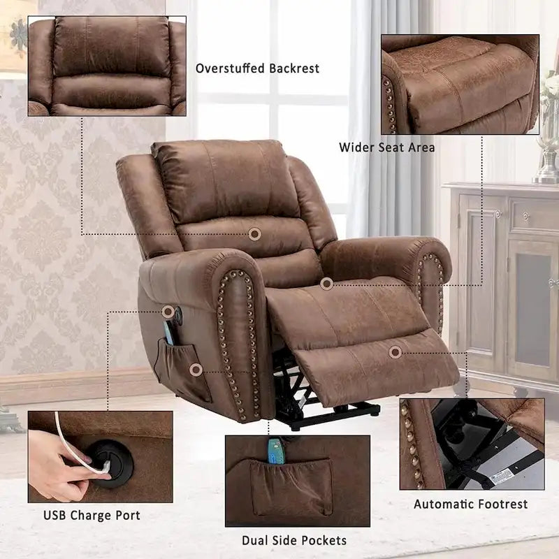 Fauteuil inclinable relaxant et respirant avec rivets apparents, fonction massage et chauffage, et port USB