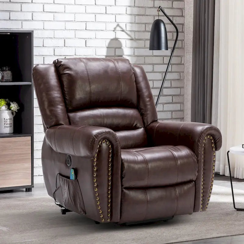 Fauteuil inclinable relaxant et respirant avec rivets apparents, fonction massage et chauffage, et port USB