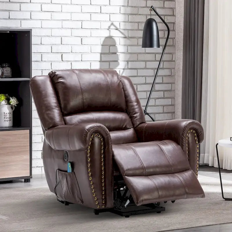 Fauteuil inclinable relaxant et respirant avec rivets apparents, fonction massage et chauffage, et port USB