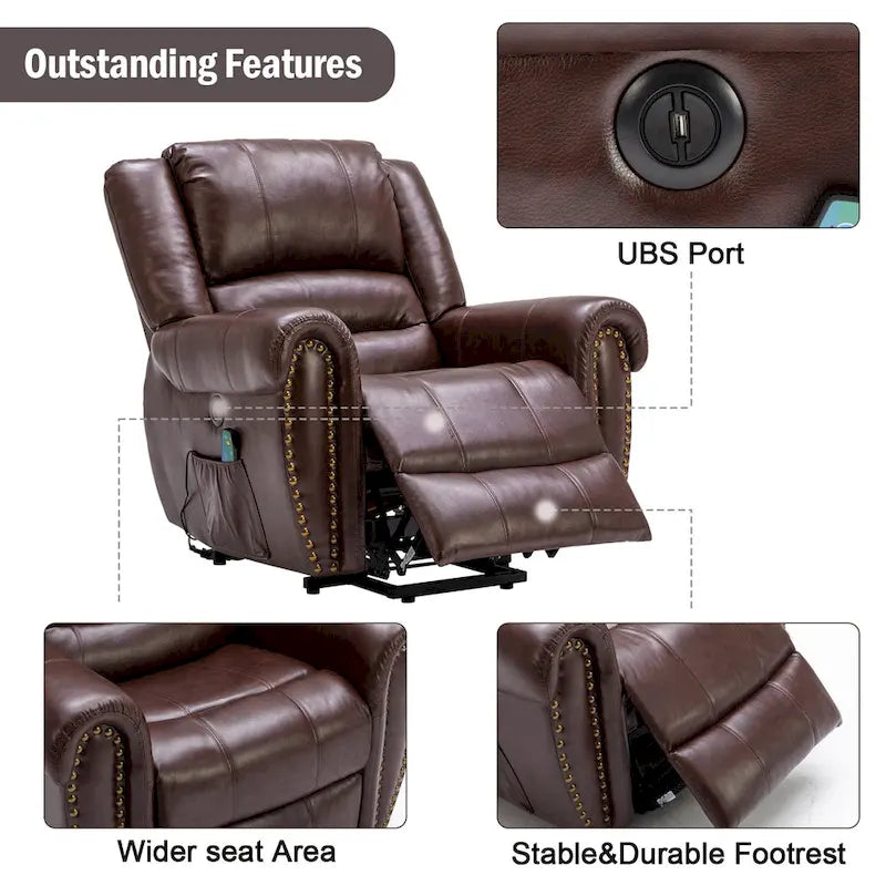 Fauteuil inclinable relaxant et respirant avec rivets apparents, fonction massage et chauffage, et port USB