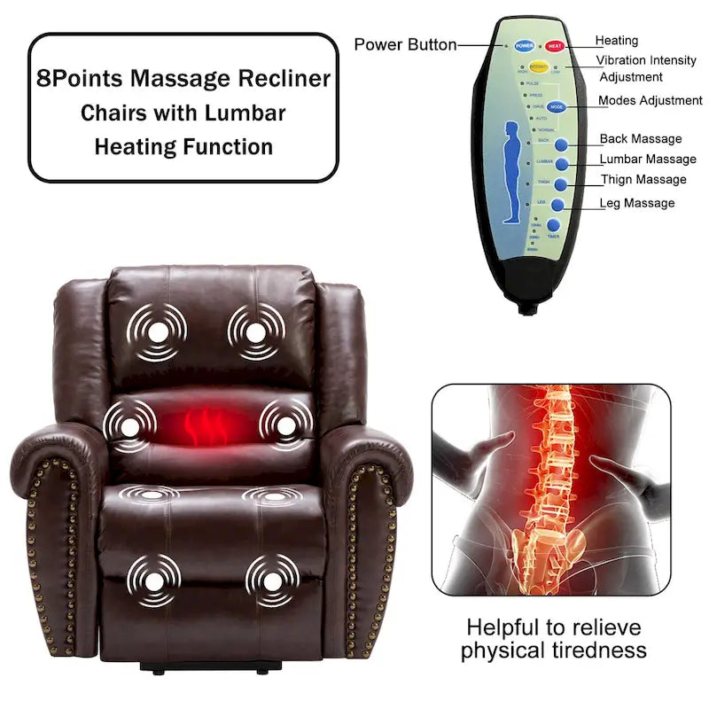 Fauteuil inclinable relaxant et respirant avec rivets apparents, fonction massage et chauffage, et port USB