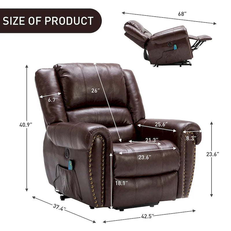 Fauteuil inclinable relaxant et respirant avec rivets apparents, fonction massage et chauffage, et port USB