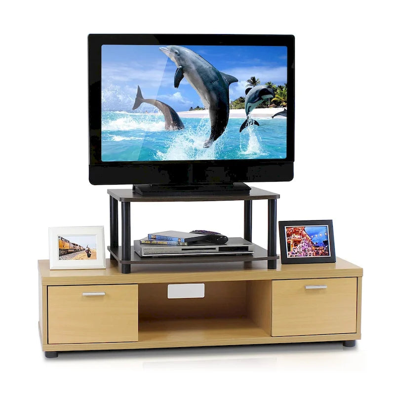 Meuble TV surélevé à 2 niveaux avec étagères ouvertes - Meuble TV moderne pour salon, supporte les téléviseurs jusqu'à 55 pouces