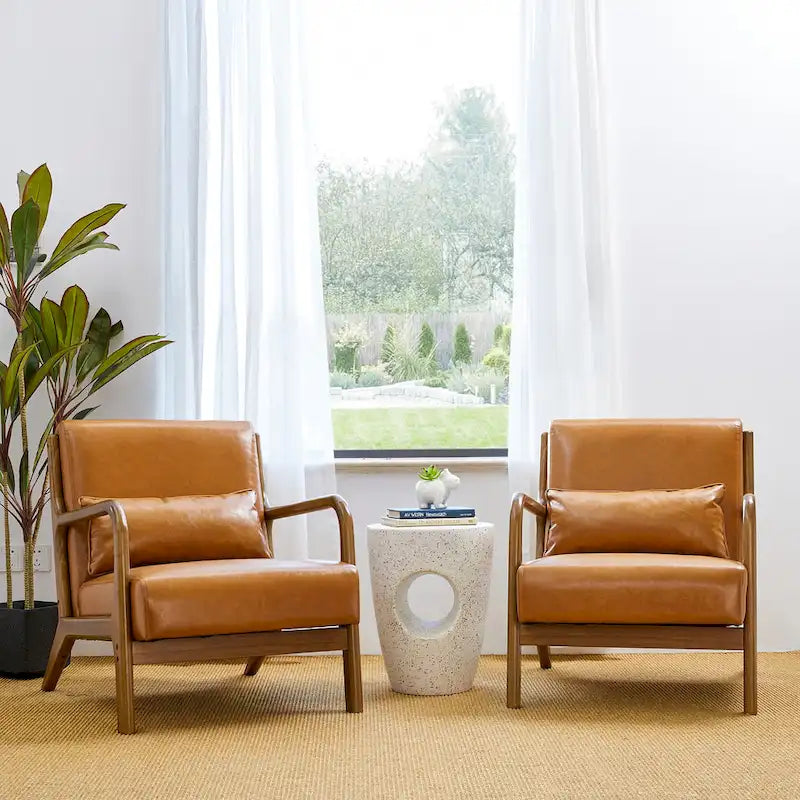 Ensemble de 2 fauteuils d'appoint Mid-Century Modern en cuir PU avec coussin - 65,4 cm L x 85,7 cm P x 78,1 cm H