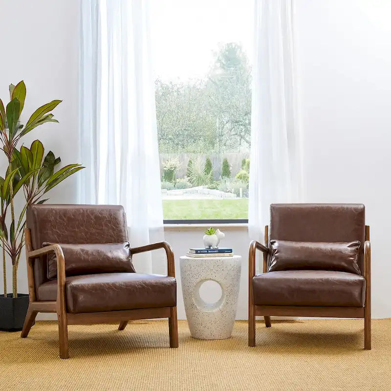 Ensemble de 2 fauteuils d'appoint Mid-Century Modern en cuir PU avec coussin - 65,4 cm L x 85,7 cm P x 78,1 cm H