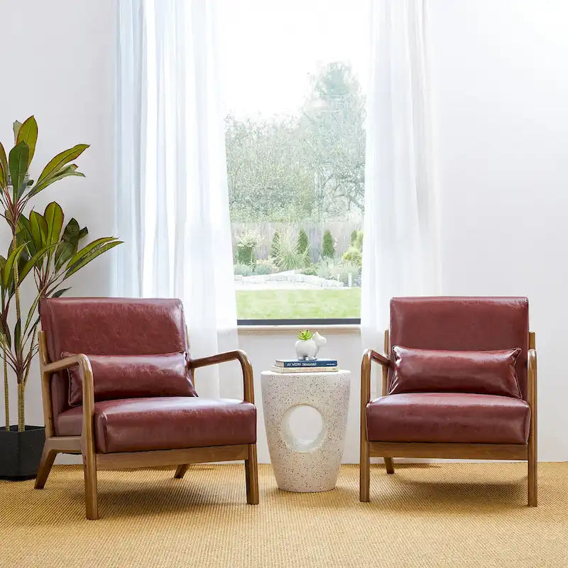 Ensemble de 2 fauteuils d'appoint Mid-Century Modern en cuir PU avec coussin - 65,4 cm L x 85,7 cm P x 78,1 cm H