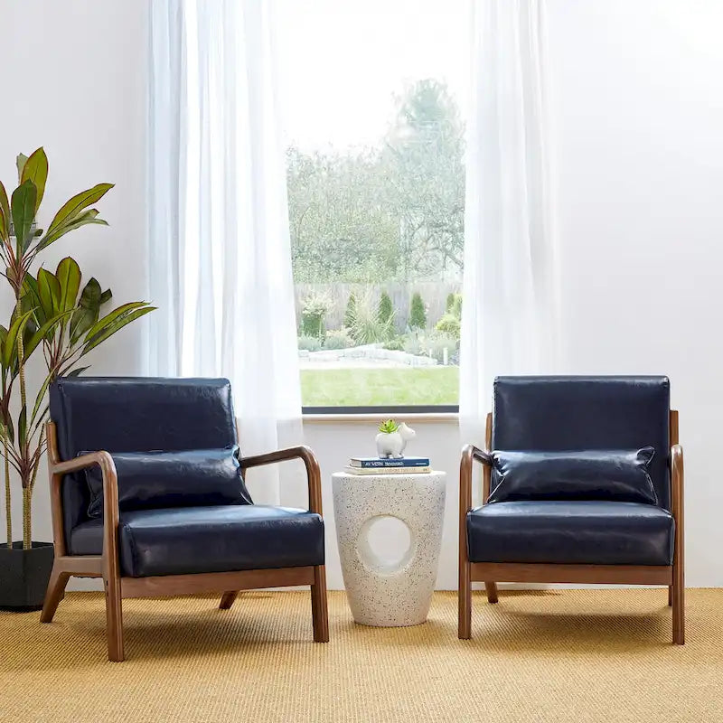 Ensemble de 2 fauteuils d'appoint Mid-Century Modern en cuir PU avec coussin - 65,4 cm L x 85,7 cm P x 78,1 cm H