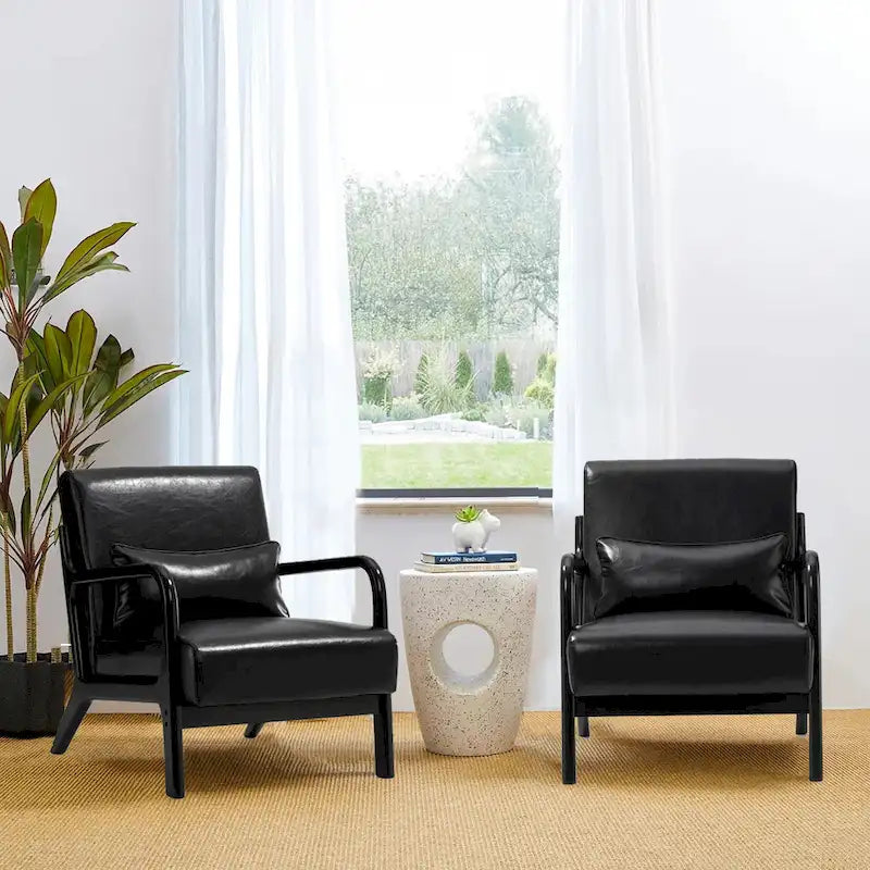 Ensemble de 2 fauteuils d'appoint Mid-Century Modern en cuir PU avec coussin - 65,4 cm L x 85,7 cm P x 78,1 cm H