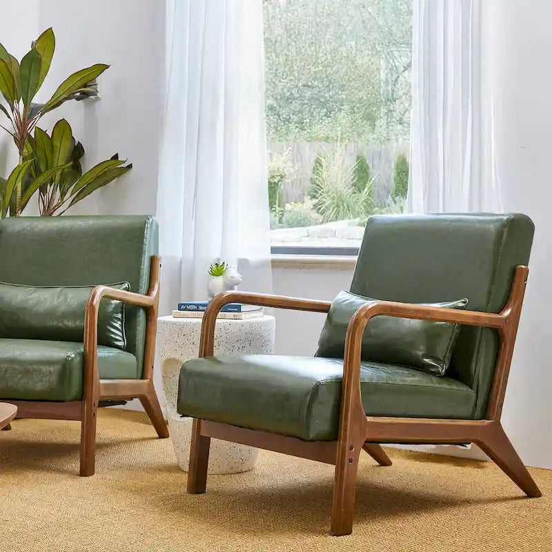 Ensemble de 2 fauteuils d'appoint Mid-Century Modern en cuir PU avec coussin - 65,4 cm L x 85,7 cm P x 78,1 cm H