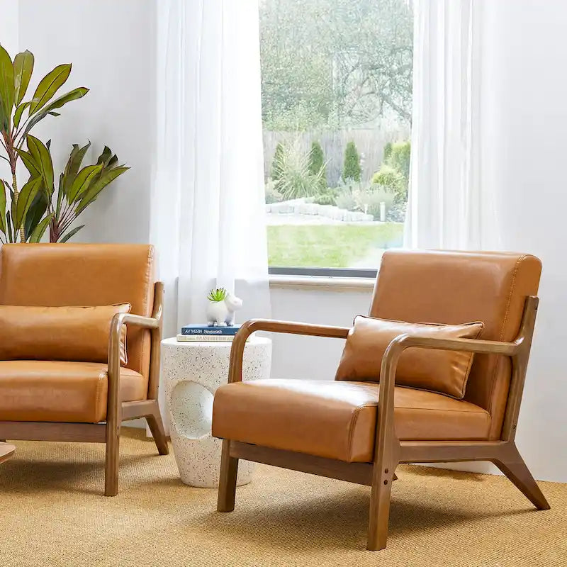 Ensemble de 2 fauteuils d'appoint Mid-Century Modern en cuir PU avec coussin - 65,4 cm L x 85,7 cm P x 78,1 cm H
