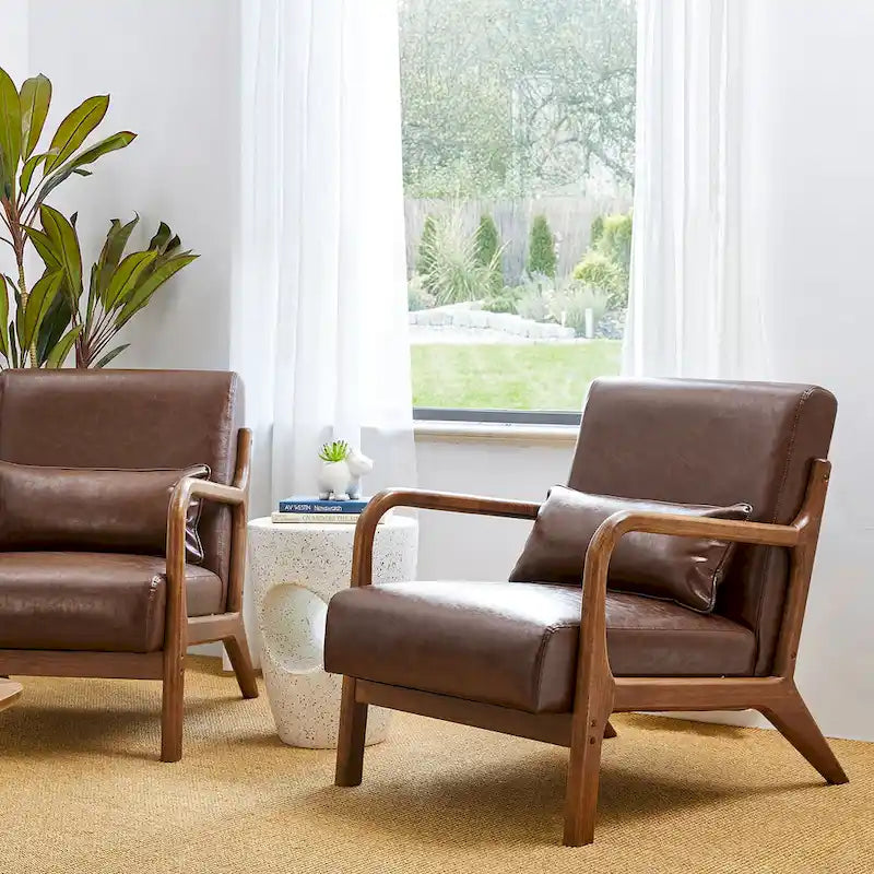Ensemble de 2 fauteuils d'appoint Mid-Century Modern en cuir PU avec coussin - 65,4 cm L x 85,7 cm P x 78,1 cm H