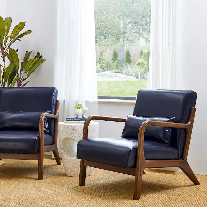 Ensemble de 2 fauteuils d'appoint Mid-Century Modern en cuir PU avec coussin - 65,4 cm L x 85,7 cm P x 78,1 cm H