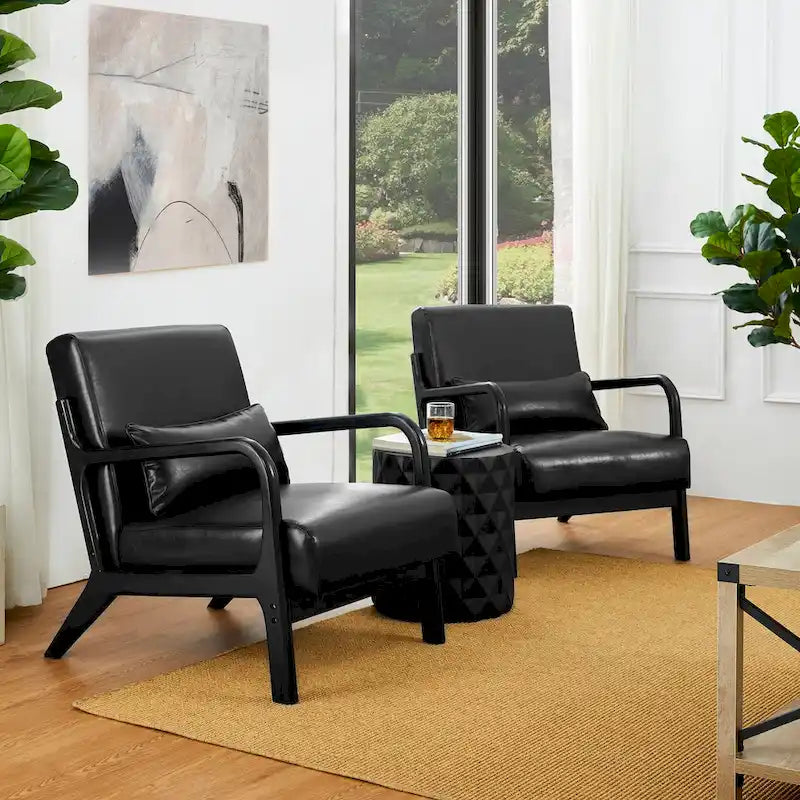 Ensemble de 2 fauteuils d'appoint Mid-Century Modern en cuir PU avec coussin - 65,4 cm L x 85,7 cm P x 78,1 cm H